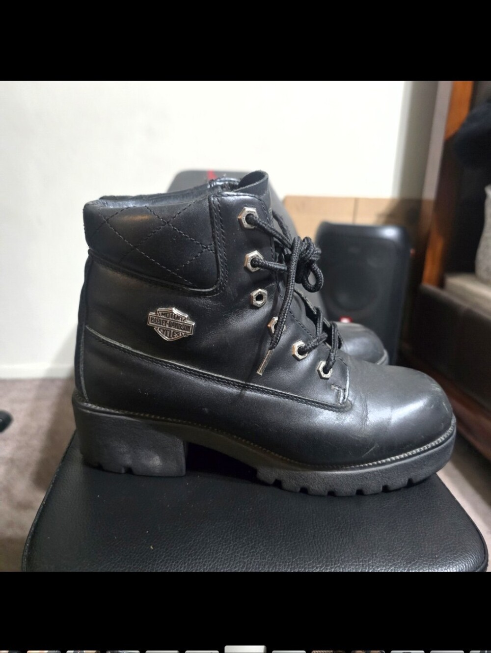 Harley-Davidson Black Lace-Up Quilted Collar Leather Boots